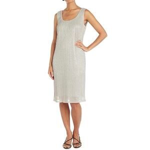 R&M Richards Women's sz 12 Champagne Metallic Crinkled Sleeveless Shift Dress
